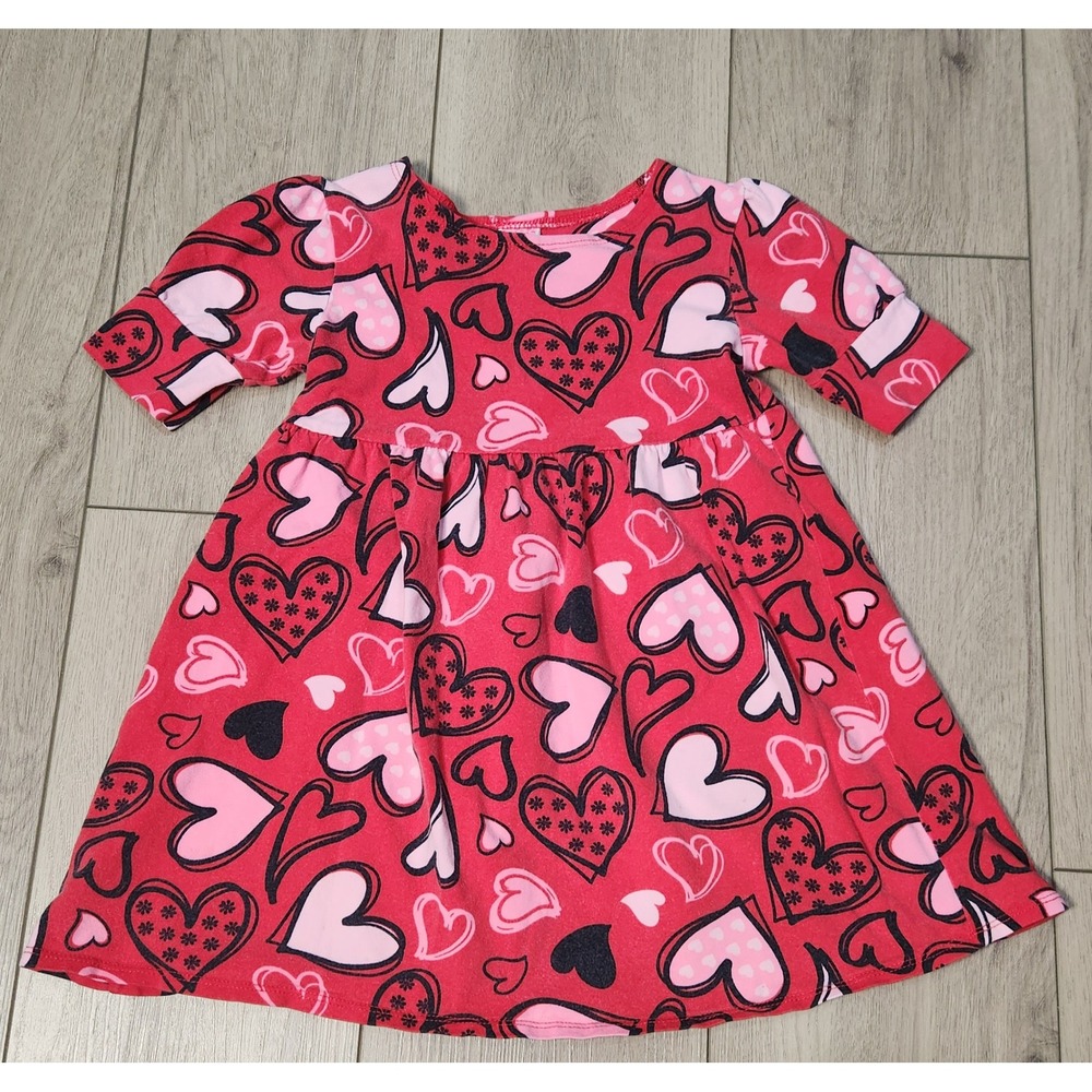 Girls Heart Empire Waist Dress Red Pink Valentines Day XS 4/5 Short Sleeve